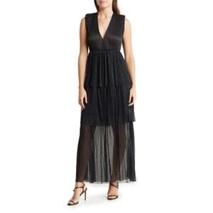 Melloday V-Neck Sheer Metallic‎ Tiered Maxi Dress - XS NWT